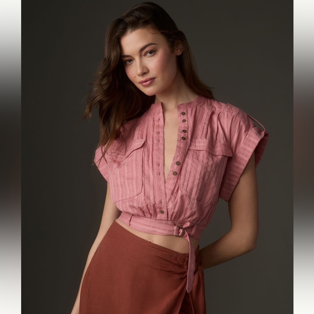 By Anthropologie Short-Sleeve Cinched Safari Top